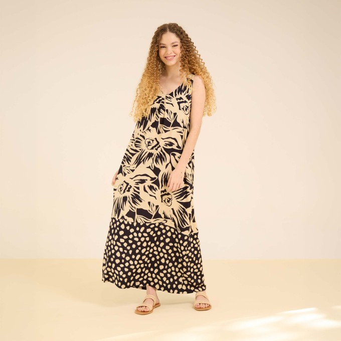 Vestido Viscose Isabella Estampa Em Bege e Preto