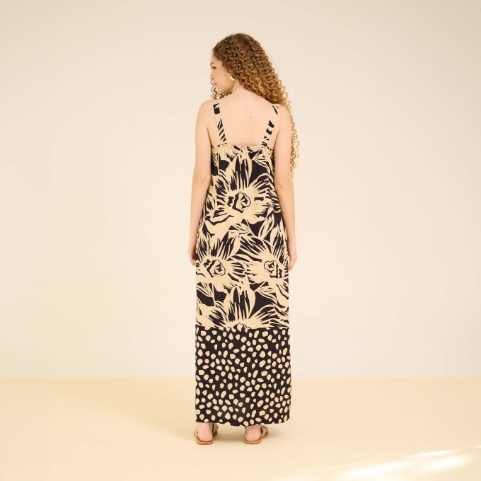 Vestido Viscose Isabella Estampa Em Bege e Preto